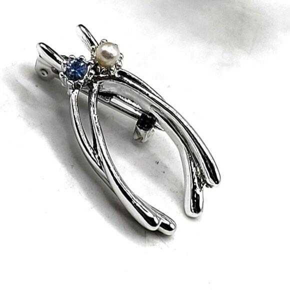 "5/$25" Double Wishbone Faux Pearl Blue Crystal Silvertone Brooch Pin - Picture 1 of 6
